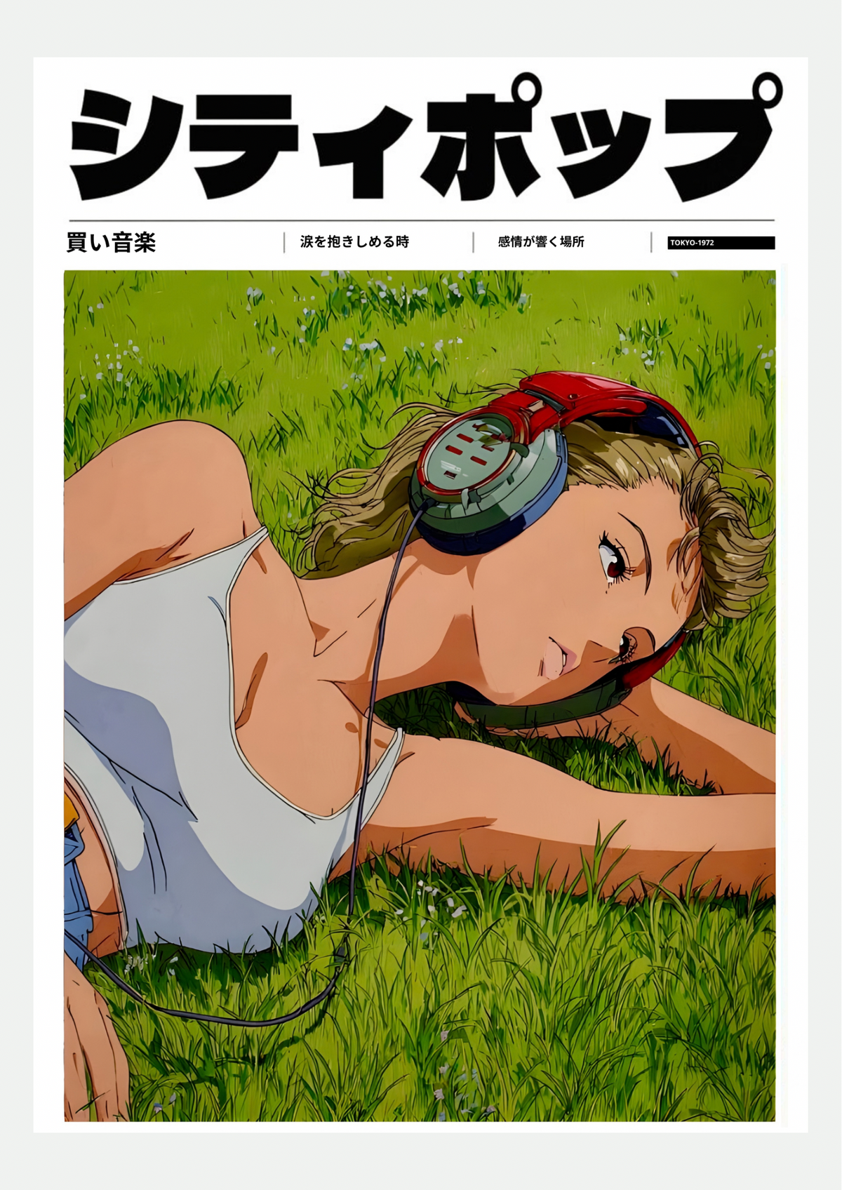 Affiche City Pop anime, fille aux écouteurs dans l'herbe, présentée seule sur fond neutre