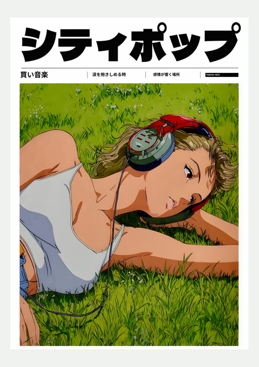 Affiche City Pop anime, fille aux écouteurs dans l'herbe, présentée seule sur fond neutre