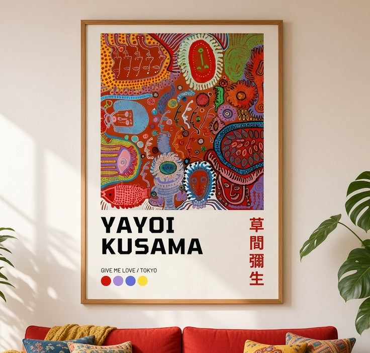 Affiche Yayoi Kusama Give Me Love gros plan sur les visages et motifs colorés