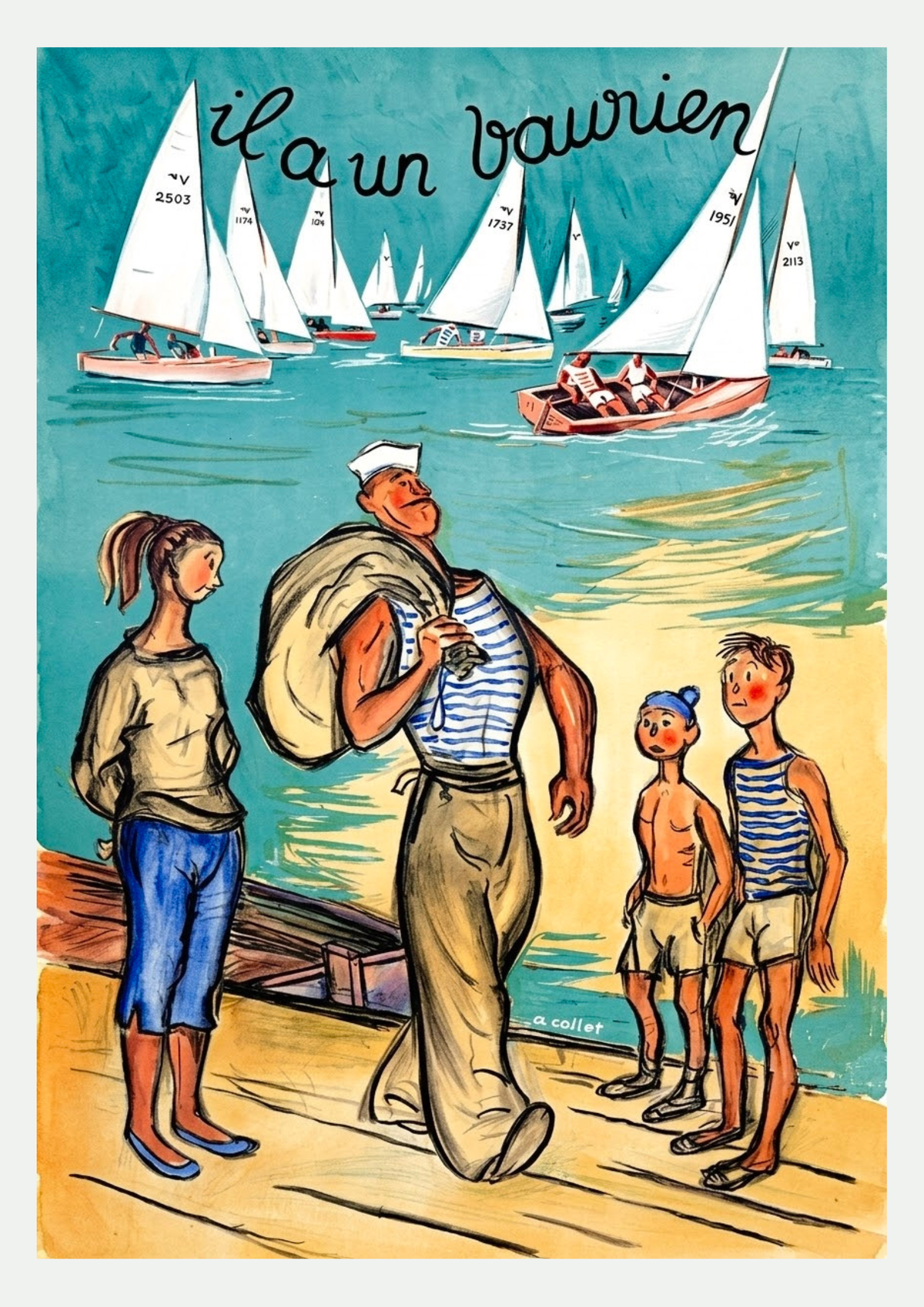Affiche vintage Il a un Vaurien : régate de voiliers blancs sur mer turquoise, marin à la marinière rayée et enfants sur le quai