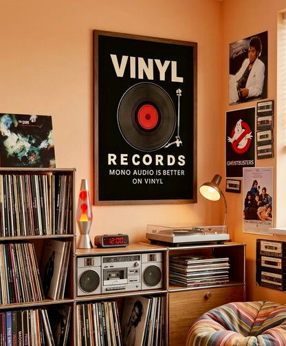 Poster platine vinyle Vinyl Records encadré sur le mur d'un coin musique