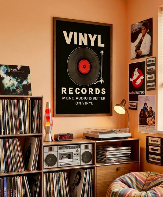 Poster platine vinyle Vinyl Records encadré sur le mur d'un coin musique