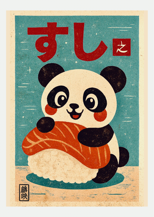 Panda Kawaii Sushi Saumon – Affiche Illustration Enfant