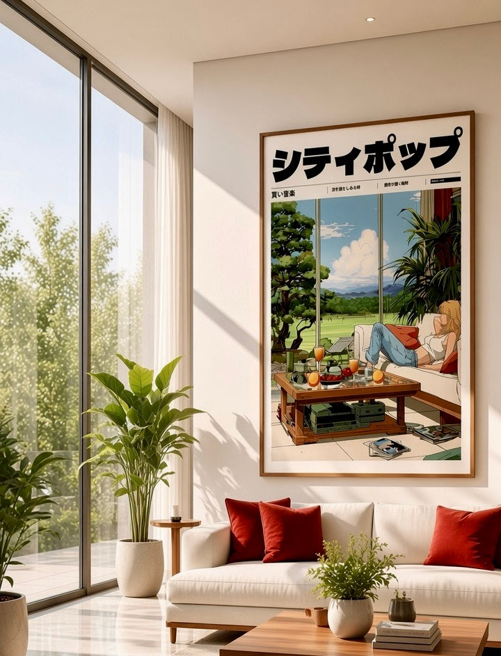 Affiche City Pop femme blonde sur canapé face à la prairie, encadrée et accrochée au mur d'un salon
