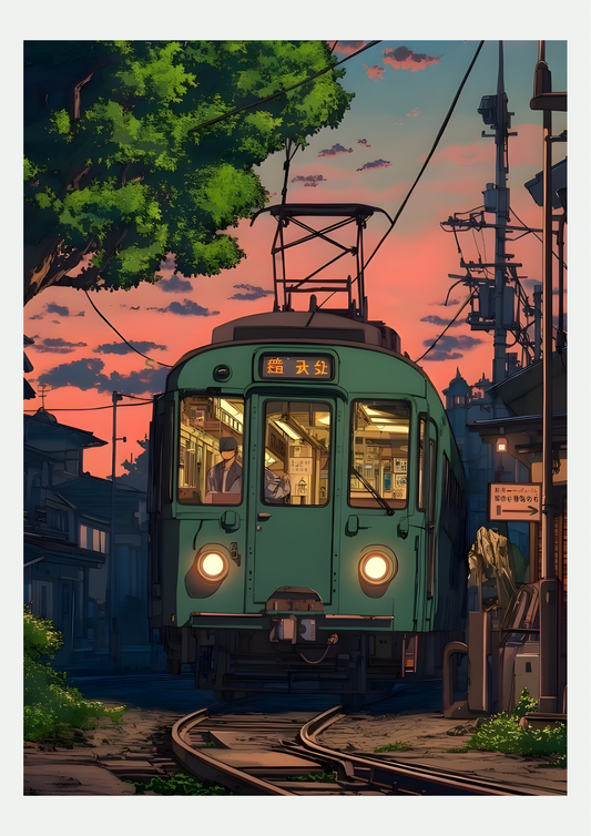 Affiche Tramway au Crépuscule, rue japonaise illustrée, présentée seule sur fond neutre