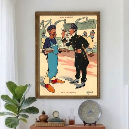 Vue rapprochée de l'affiche Gervèse La Censure au mur, scène humoristique de cantine de marins, couleurs bleu, vert d'eau et orange