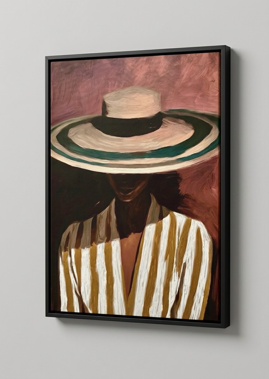 Toile encadrée Portrait au Chapeau de Paille, peinture à l'huile au style impressionniste, ambiance intérieure