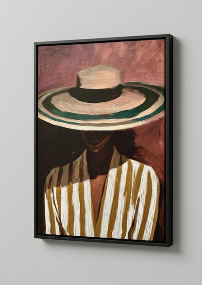 Toile encadrée Portrait au Chapeau de Paille, peinture à l'huile au style impressionniste, ambiance intérieure