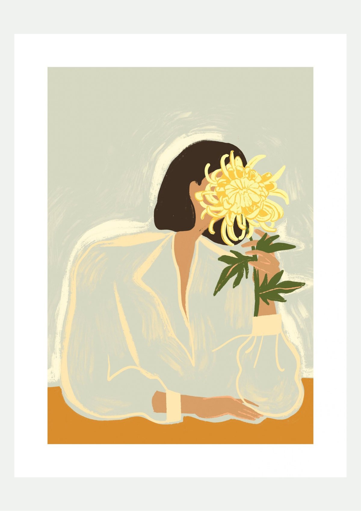 Affiche illustrée d'une femme aux cheveux bruns cachant son visage derrière un grand chrysanthème jaune, fond vert sauge et table ocre
