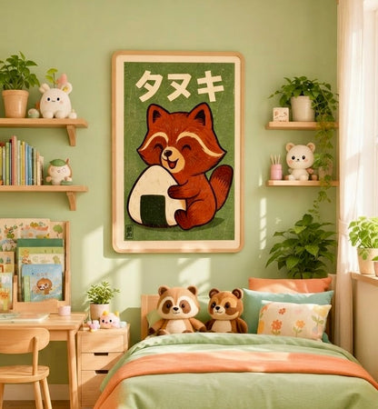 Poster tanuki et onigiri encadré accroché au mur d'une pièce lumineuse, décoration murale kawaii japonaise