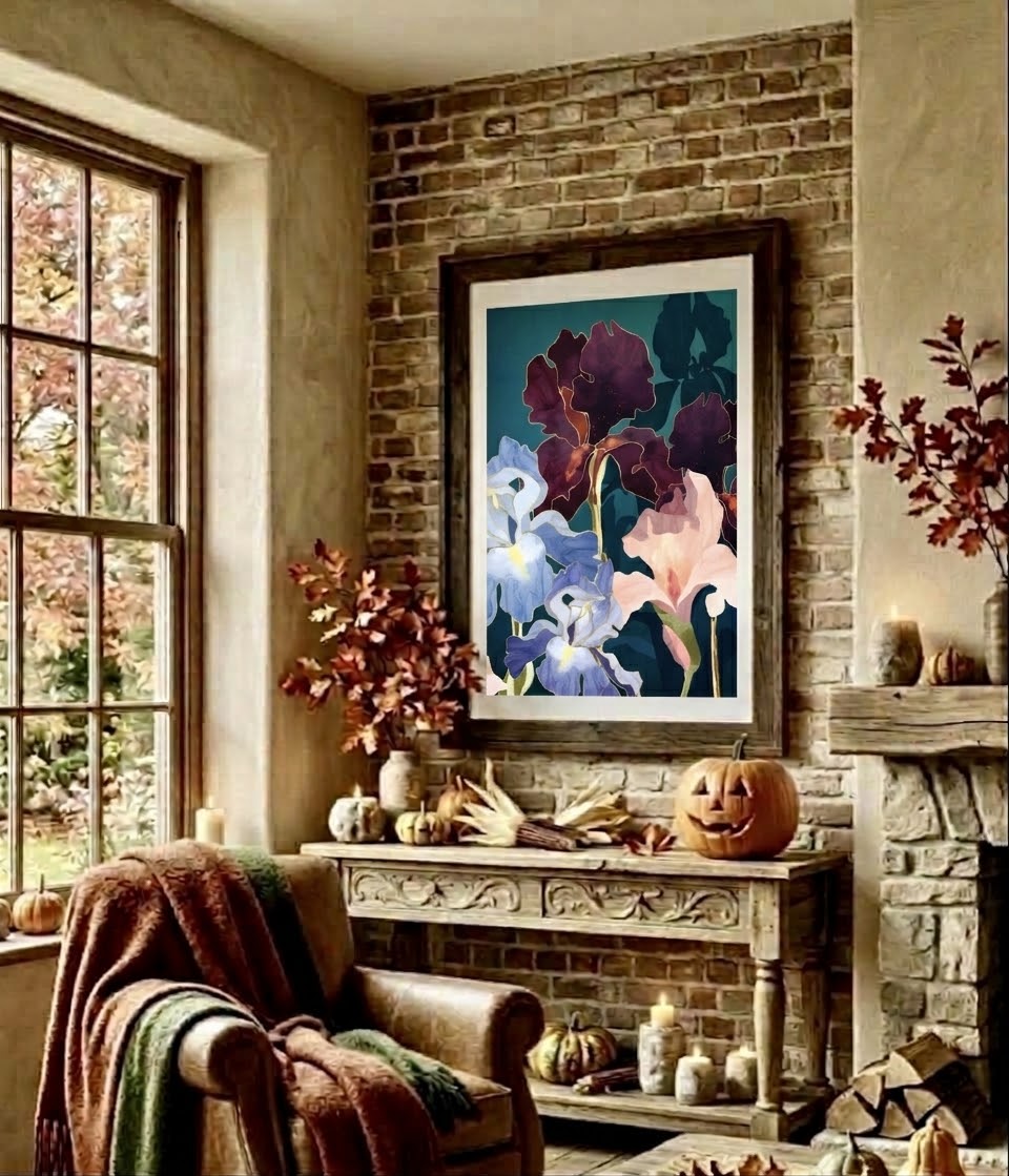 Poster floral d'iris bordeaux et bleus encadré accroché au mur d'un salon