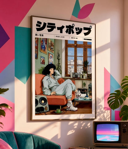 Vue rapprochée de l'affiche City Pop détente sur les toits de Tokyo encadrée sur le mur du salon
