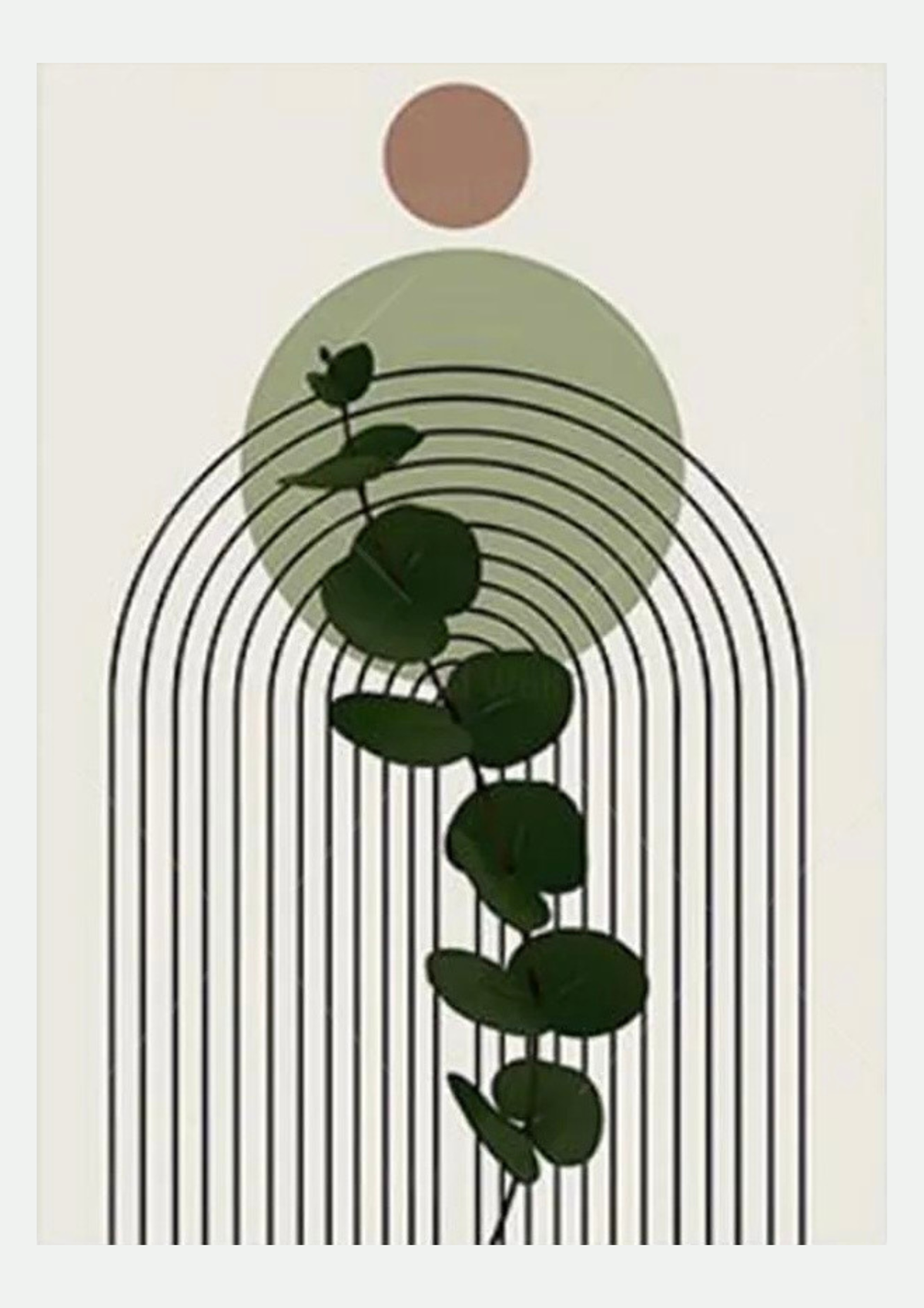 Affiche Fougère verte n°4 sur fond neutre, feuillage d'eucalyptus illustré sur fond vert et rose