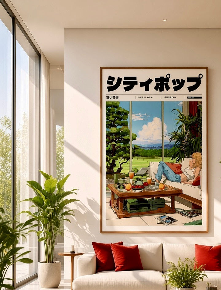 Vue d'ensemble d'un salon avec l'affiche City Pop rétro Tokyo 1972 en décoration murale