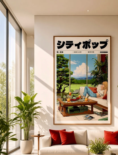 Vue d'ensemble d'un salon avec l'affiche City Pop rétro Tokyo 1972 en décoration murale