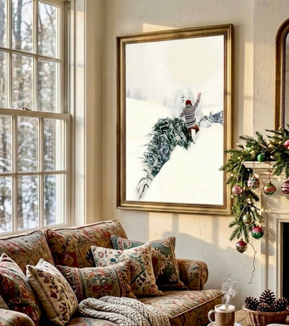 Poster sapin dans la neige profonde encadré et accroché au mur d'un salon, décoration hivernale