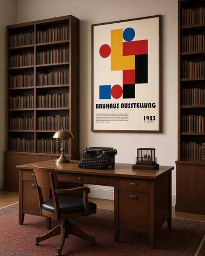 Vue d'ensemble de l'affiche Bauhaus Ausstellung 1923 dans un cadre décoratif