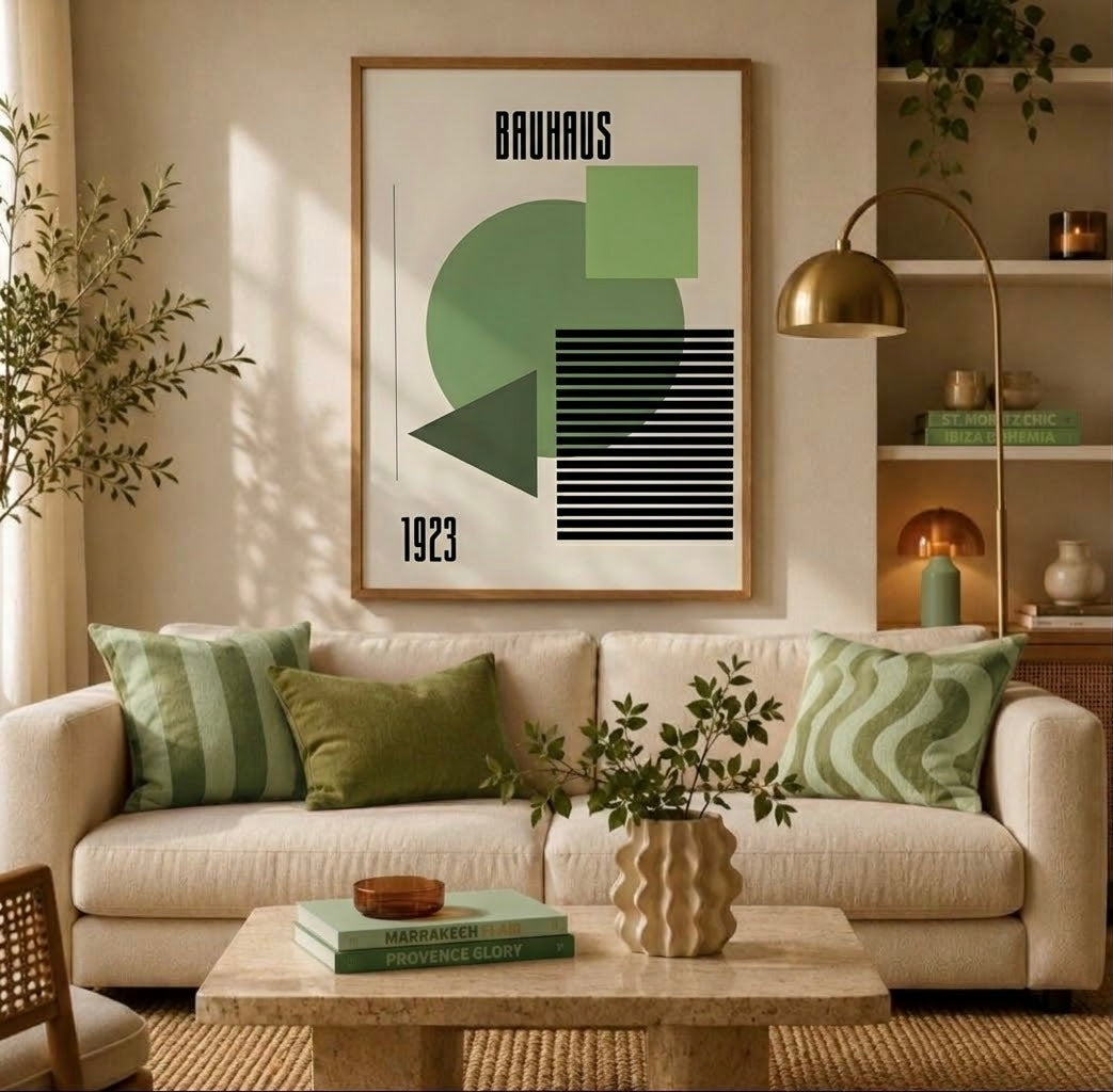 Poster Bauhaus 1923 formes vertes encadré accroché au mur d'un salon, design géométrique rétro