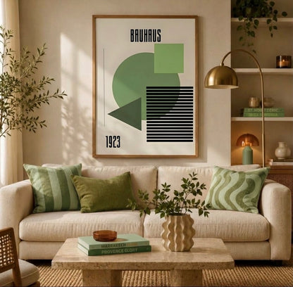 Poster Bauhaus 1923 formes vertes encadré accroché au mur d'un salon, design géométrique rétro
