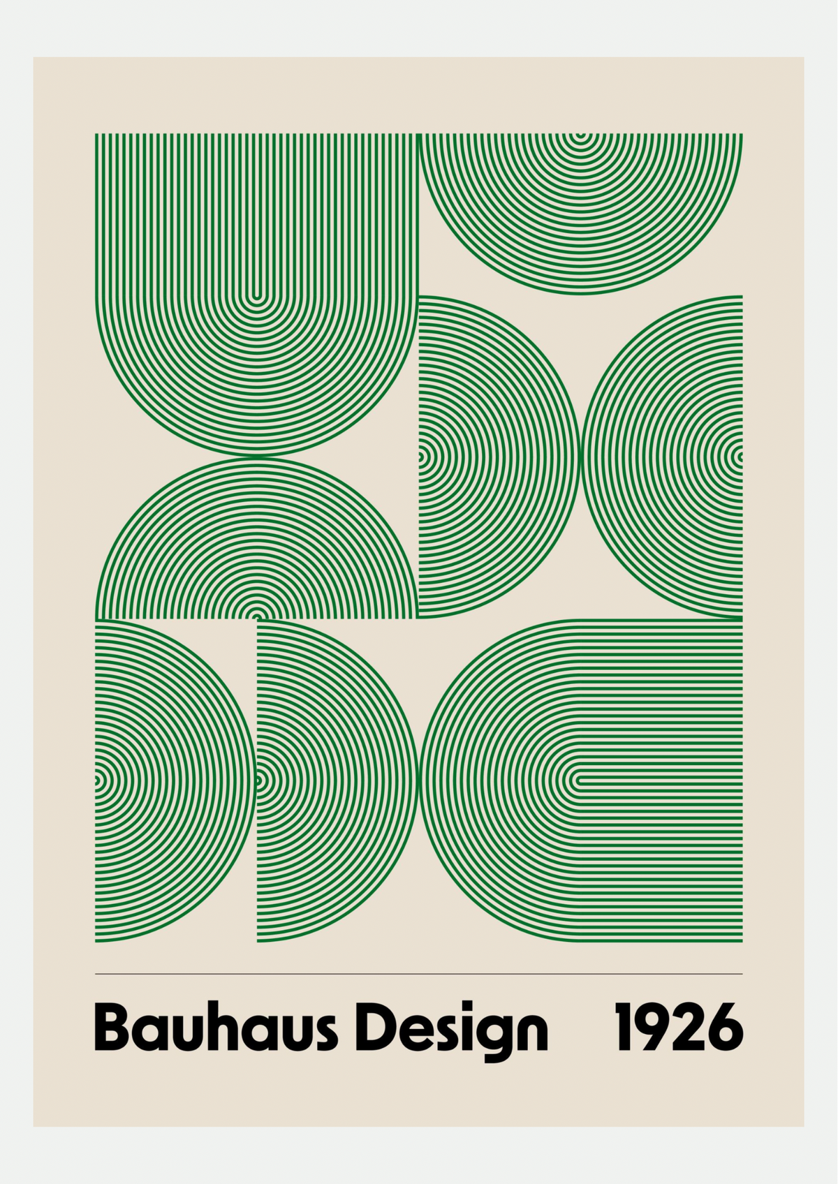 Affiche Bauhaus Design 1926, arcs verts concentriques sur fond écru, présentée seule sur fond neutre