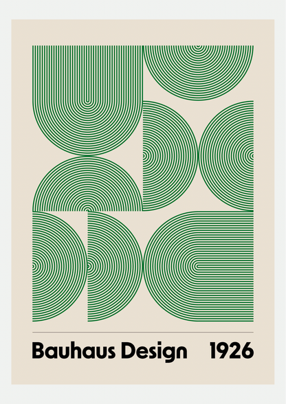 Affiche Bauhaus Design 1926, arcs verts concentriques sur fond écru, présentée seule sur fond neutre