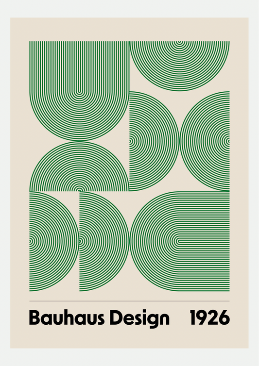 Affiche Bauhaus Design 1926, arcs verts concentriques sur fond écru, présentée seule sur fond neutre