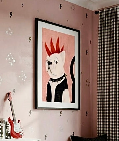 Gros plan sur l'impression et le papier de l'affiche Bouledogue Punk