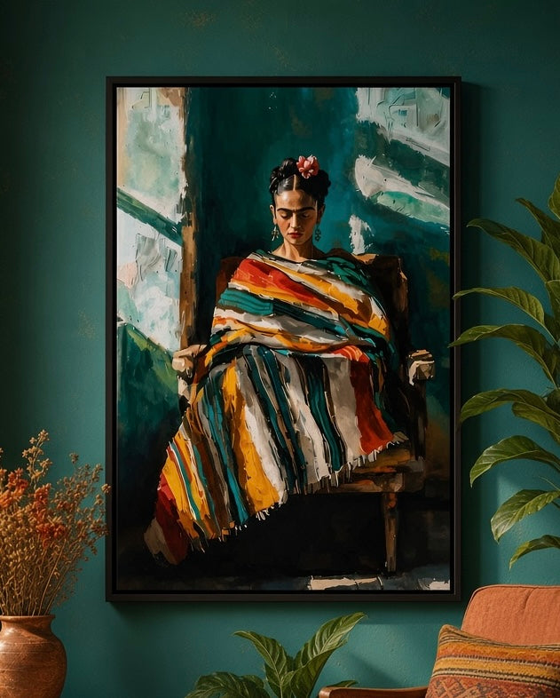 Toile Frida Kahlo encadrée, châle rayé coloré, décoration murale d'art mexicain