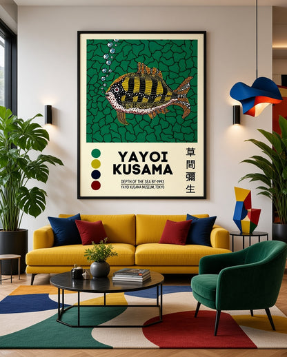 Affiche Yayoi Kusama Poisson Pointillé encadrée, présentée en situation dans un intérieur
