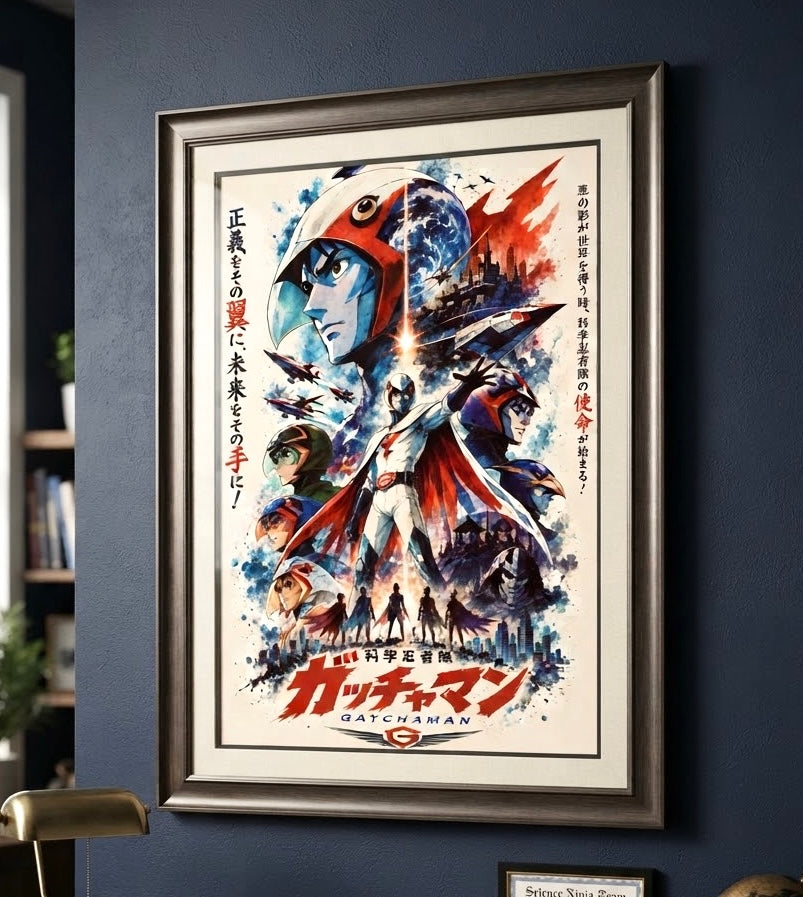 Gros plan sur l'impression et le papier de l'affiche La Bataille des Planètes Gatchaman