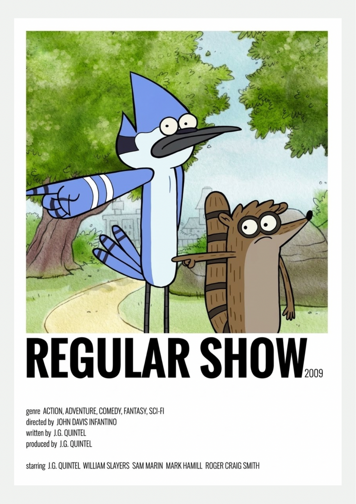 Affiche Regular Show : Mordecai et Rigby pointant du doigt dans un parc, style poster minimaliste avec titre noir