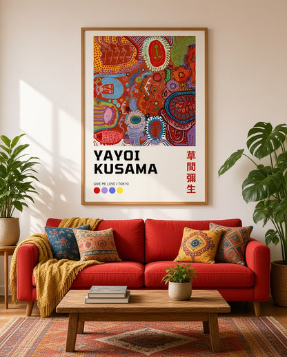 Affiche Yayoi Kusama Give Me Love encadrée en situation sur mur intérieur