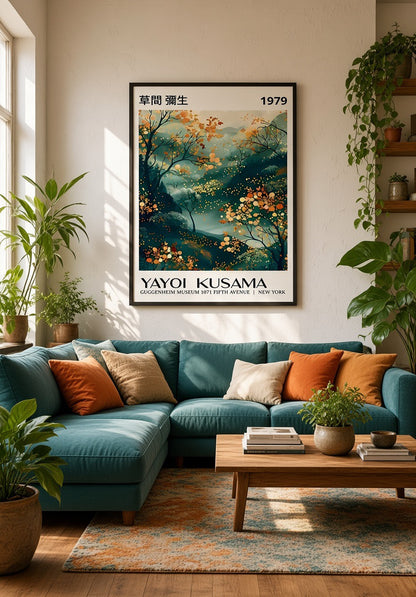 Affiche Yayoi Kusama Paysage Automnal encadrée en situation sur mur intérieur