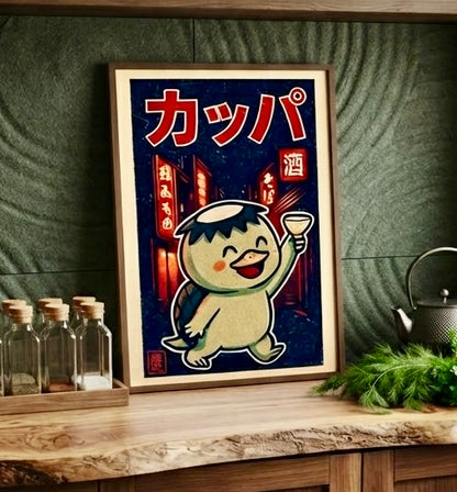Gros plan sur l'impression de l'affiche kappa : grain de sérigraphie, contours crème, bleu nuit et rouge vif