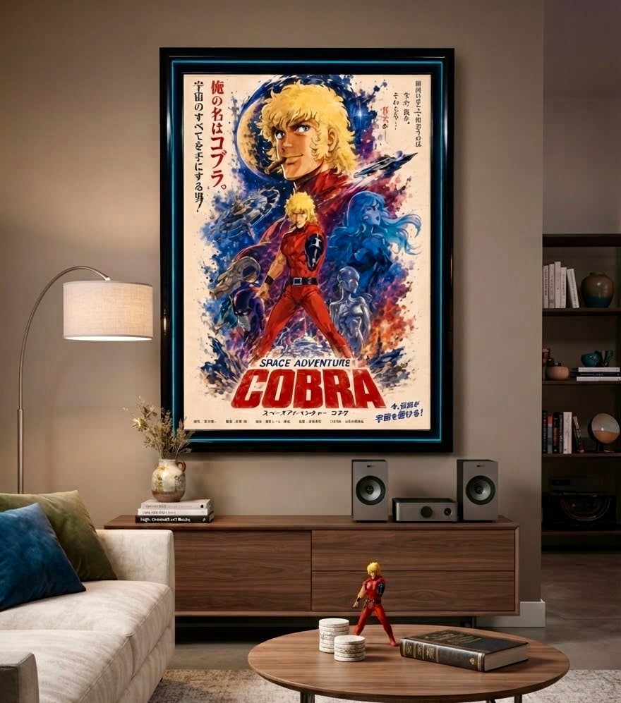 Affiche Space Adventure Cobra encadrée et accrochée au mur d'un salon