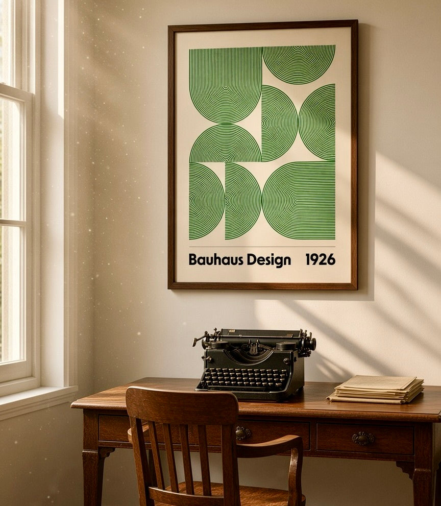 Vue d'ensemble du salon avec l'affiche Bauhaus Design 1926 en décoration murale