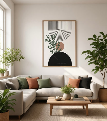 Affiche encadrée Cercle Noir & Fougères Illustrées accrochée au mur dans un salon