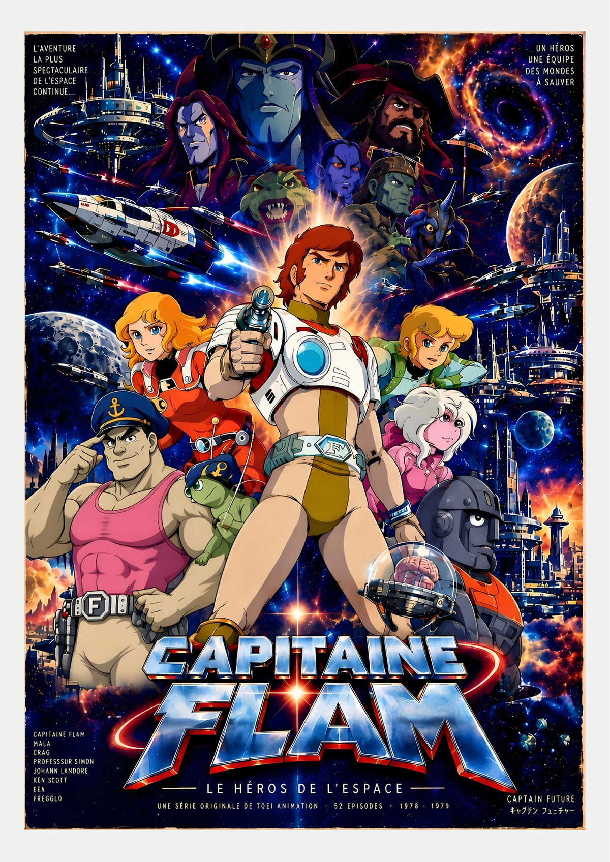 Affiche Capitaine Flam, le héros de l'espace : le capitaine au pistolet laser entouré de son équipe, de vaisseaux et de planètes sur fond d'étoiles