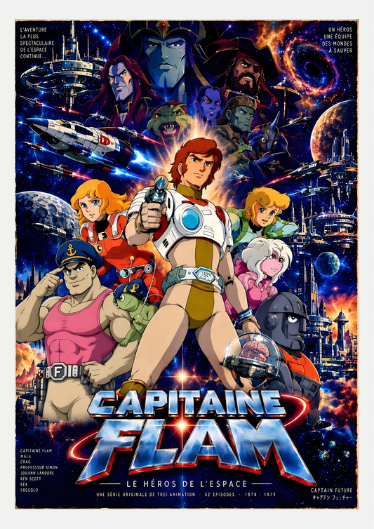 Affiche Capitaine Flam, le héros de l'espace : le capitaine au pistolet laser entouré de son équipe, de vaisseaux et de planètes sur fond d'étoiles