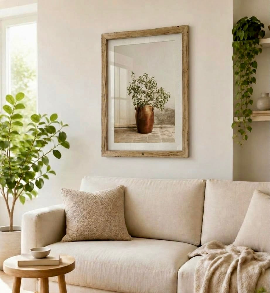 Vue élargie d'un salon décoré avec l'affiche olivier en jarre encadrée, ambiance méditerranéenne chaleureuse aux tons beige