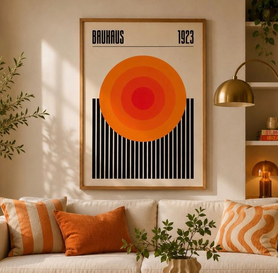 Gros plan sur l'impression de l'affiche Bauhaus 1923 : dégradé de cercles orange à rouge et fines barres noires