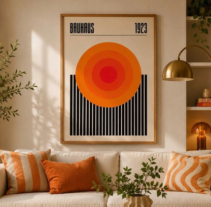 Gros plan sur l'impression de l'affiche Bauhaus 1923 : dégradé de cercles orange à rouge et fines barres noires