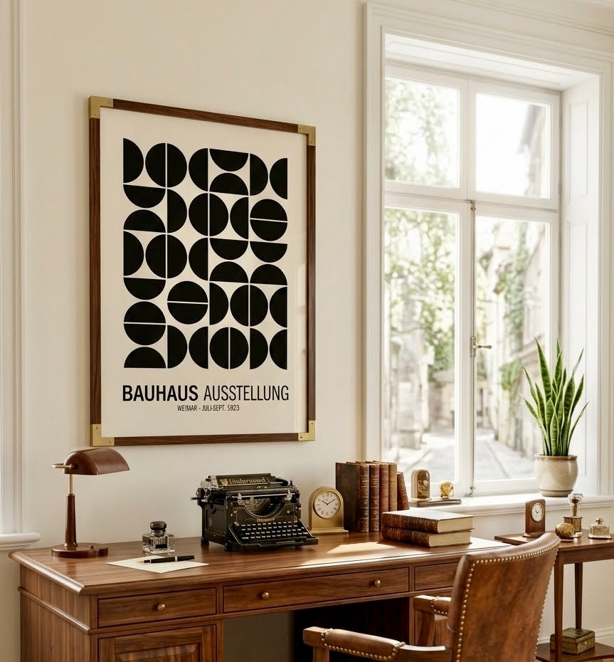 Ambiance salon avec l'affiche Bauhaus Weimar 1923 encadrée, décoration murale géométrique en noir et blanc
