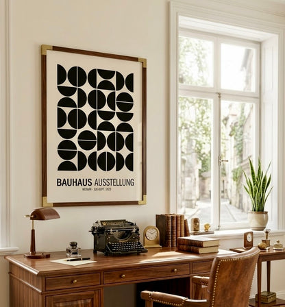 Ambiance salon avec l'affiche Bauhaus Weimar 1923 encadrée, décoration murale géométrique en noir et blanc