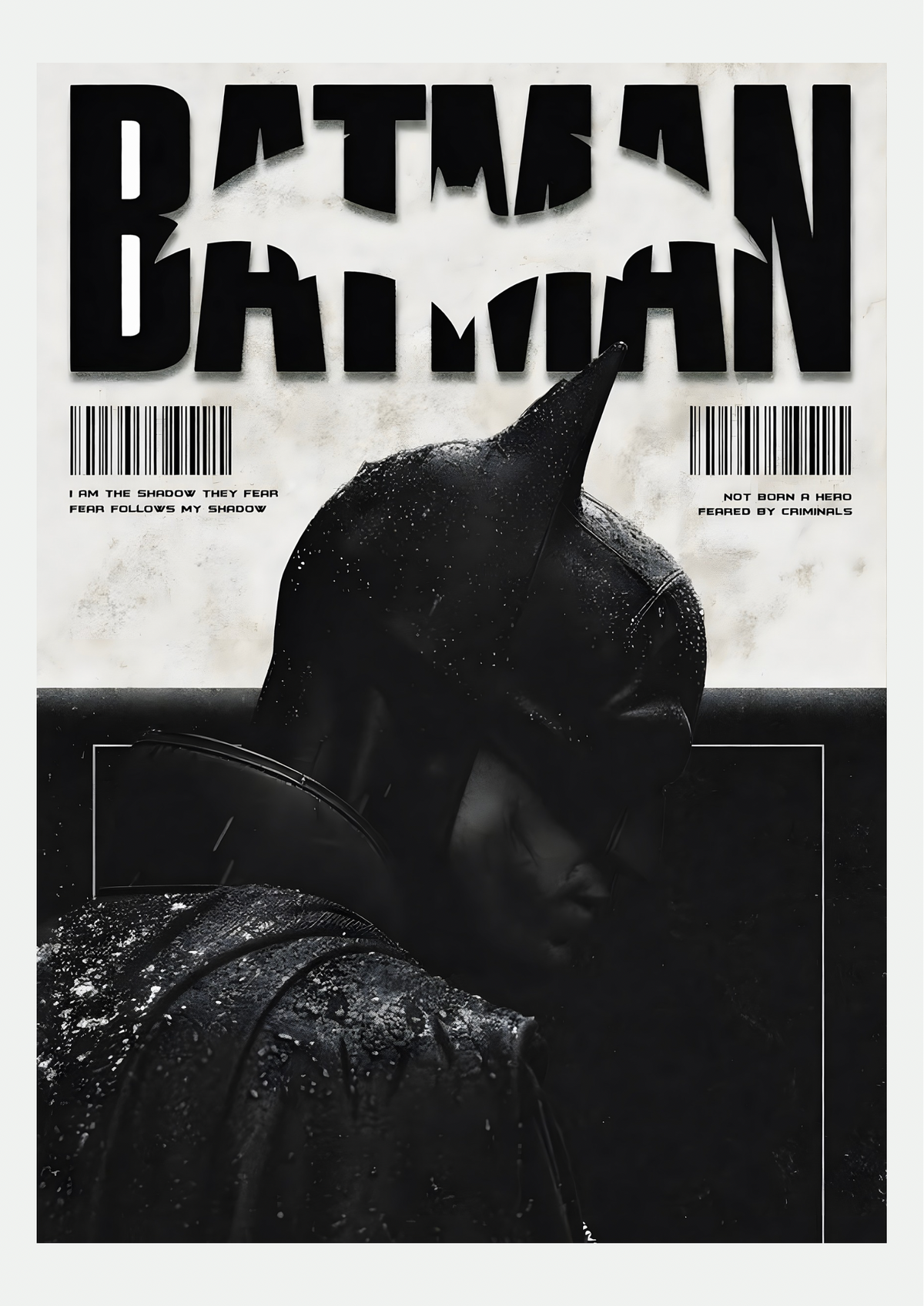 Affiche Batman noir et blanc avec typographie géante et portrait du Chevalier Noir sous la pluie, présentée seule sur fond neutre