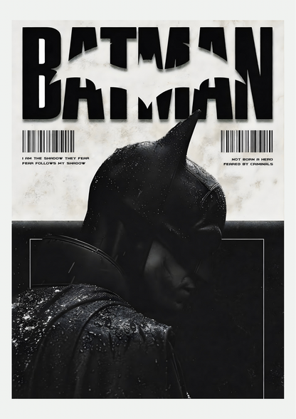 Affiche Batman noir et blanc avec typographie géante et portrait du Chevalier Noir sous la pluie, présentée seule sur fond neutre