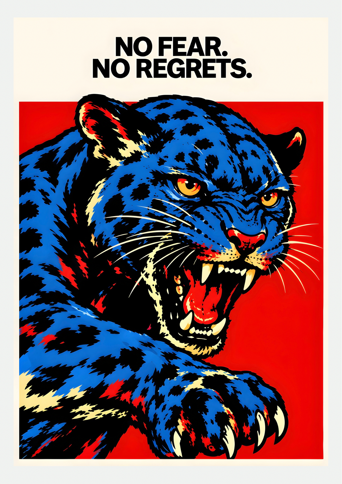 Affiche Panthère Bleue No Fear No Regrets : panthère bleue et noire aux crocs dévoilés sur fond rouge, style pop art
