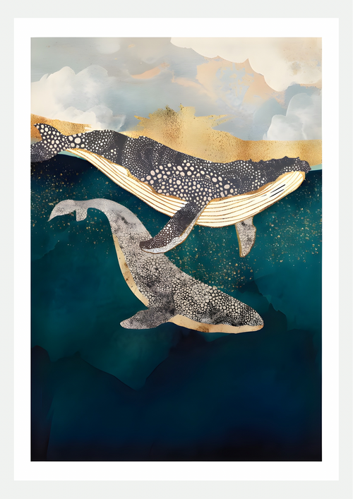 Deux Baleines à Bosse et Feuilles d'Or – Affiche Océan