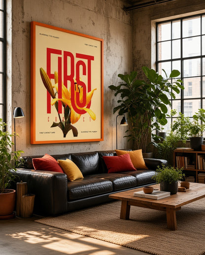Affiche Typographique First Contact Lys Doré détail des couleurs rouge et crème