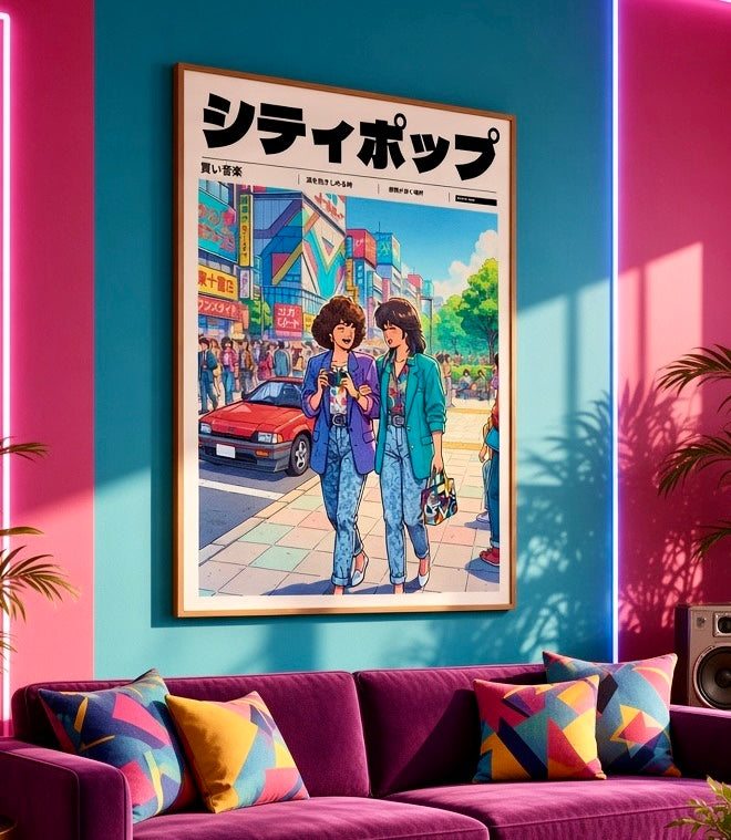 Gros plan sur l'impression et le papier de l'affiche City Pop shopping à Tokyo entre amies